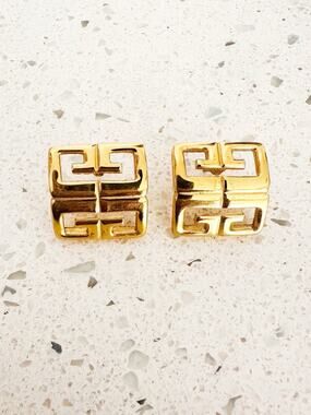 Vintage Givenchy 4G Gold Tone Logo Square Stud Earrings Signed Post Back Luxury